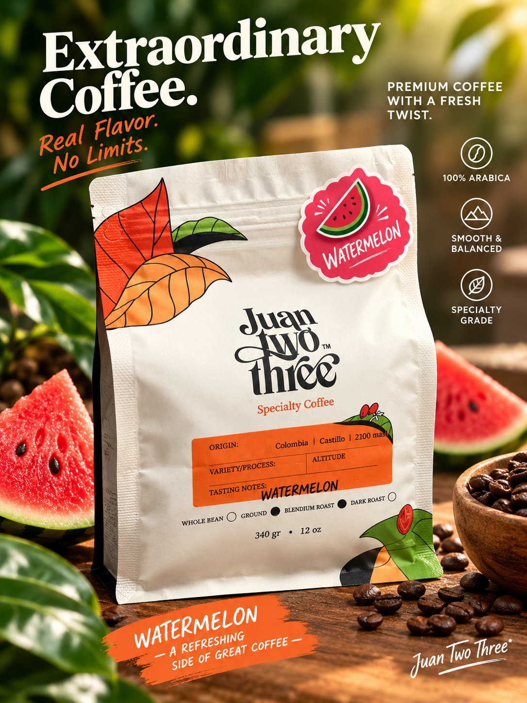 Juantwothree Watermelon Infused Coffee bag, product label detail
