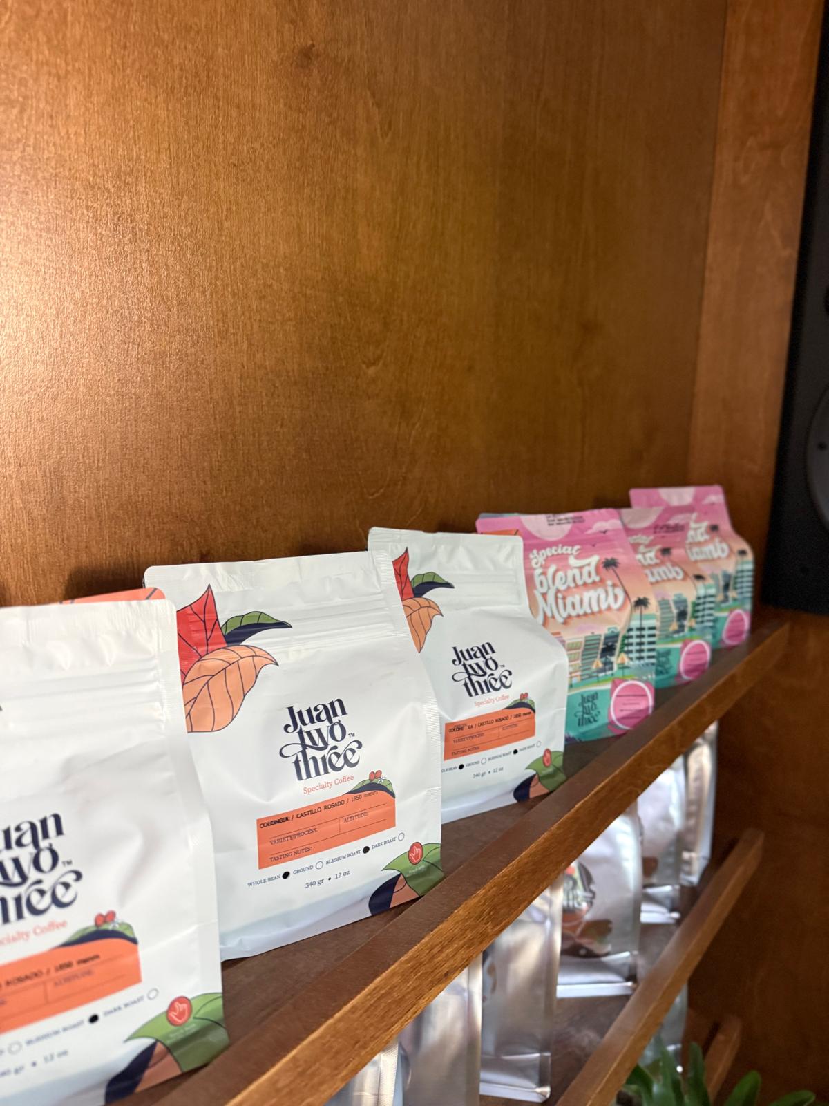 Juantwothree Grano and Special Blend Miami coffee bags