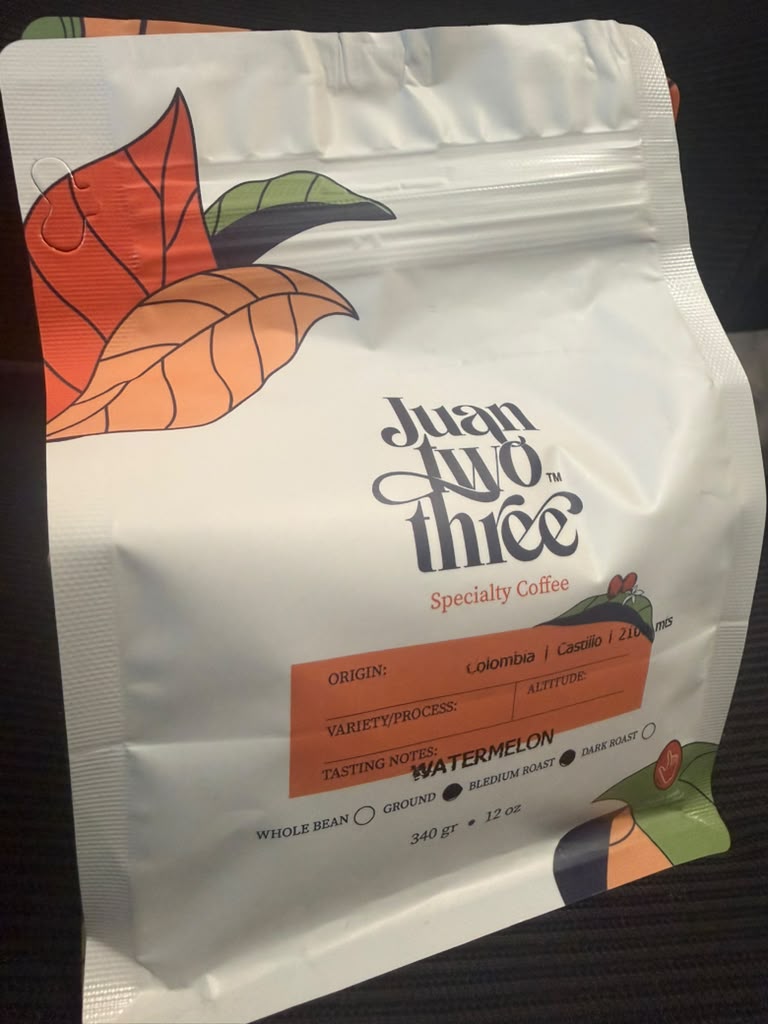 Juantwothree Watermelon Infused Coffee bag, front detail