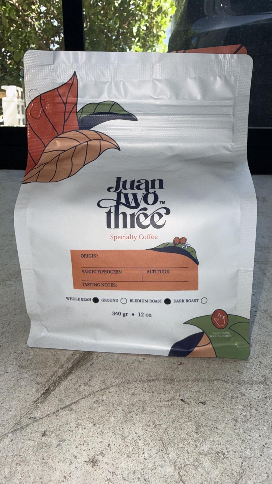 Juantwothree Grano single-origin Colombian coffee bag