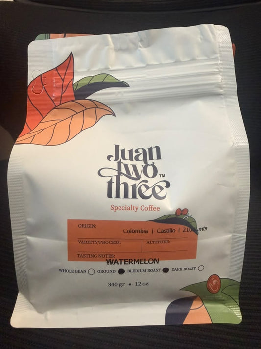 Juantwothree Watermelon Infused Coffee bag, Colombia Castillo, medium roast, ground